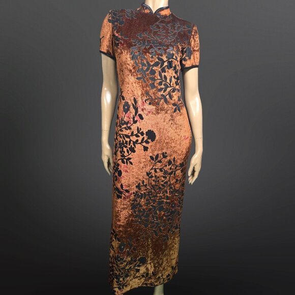 Vintage 90s Brown Floral Velvet Maxi Dress Size 8 Asian Cocktail Gothic Vampy - Picture 1 of 13